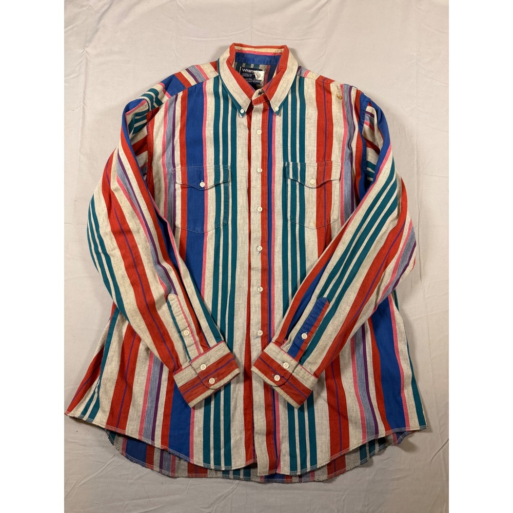 Vintage Wrangler Cowboy Cut Western Shirt Men 17.5 35 Multicolor Stripe USA